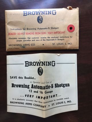 Rare Browning Model A5 Auto 12 16 Gauge Shotgun Paper Instructions Envelope Vtg