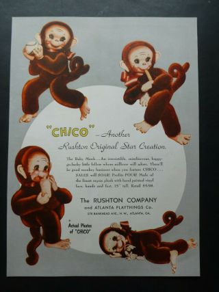 Rare Vtg 1953 Dealer Ad Rushton Chico Monkey Rubber Face Plush Toy Animal 1950’s