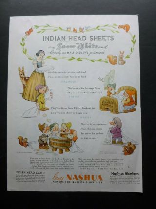 Rare Vtg 1938 Ad Walt Disney Snow White & Seven Dwarfs Nashua Indian Head Sheets