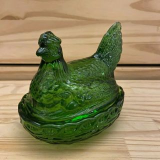 Rare Vintage L E Smith Emerald Green Hen On The Nest 2 Piece Candy Dish -