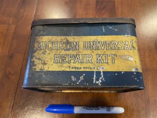 Vintage Michelin Tire Repair Tin.  Great Patina.  Man Cave Display.  Rare W Hinge