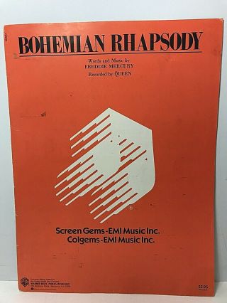 Bohemian Rhapsody Queen Freddy Mercury Sheet Music Warner Brothers 1986 Htf Rare