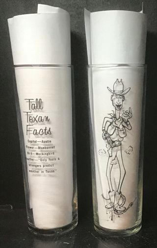 2 Rare Vintage 7.  75 " Tall Texan Facts,  Mcm Barware,  Bar Glasses Tumblers Texas