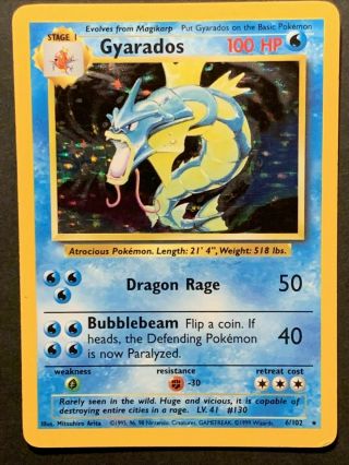Gyarados Shadowless Holo 6/102 1999 Base Set Rare Pokémon Card Nm/lp