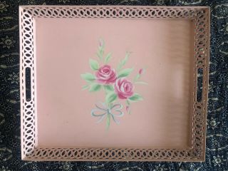 Rachel Ashwell Simply Shabby Chic Rare Pink Toile Metal Vanity Tray With Roses