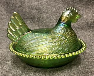 Rare Vintage Indiana Carnival Glass Green Hen On Nest 7 " Iridescent Chicken