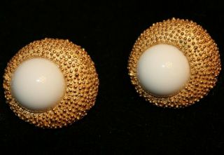 Rare And Stunning Crown Trifari Signed Gold Tone Earrings With White Cabs