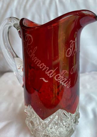 Rare 1907 Ruby Red To Clear Glass Richmond Fair Collectible Pitcher