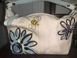 Coach Bumble Bee Purse Flower Leather Trim White Canvas F40543 Rare Bag Cosmetic