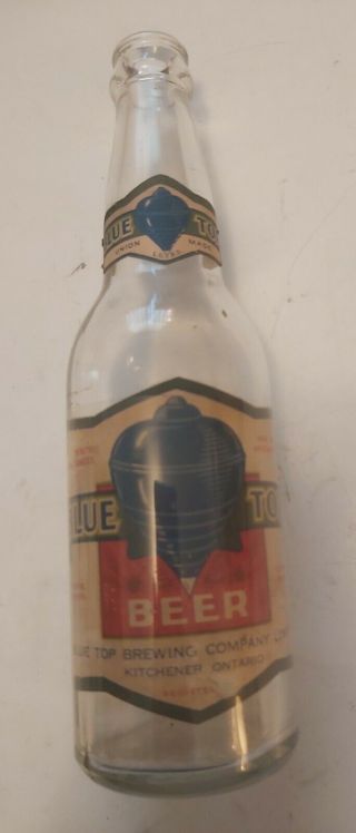 Rare (kitchener,  Ont) " Blue Top Beer " 12 Oz Clear Glass Beer Bottle - Paper Labels