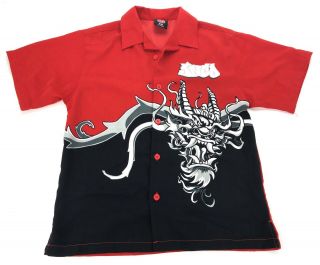 Rare True Vintage Red & Black Mens Jnco Dragon Button Up Casual Shirt Sz Small