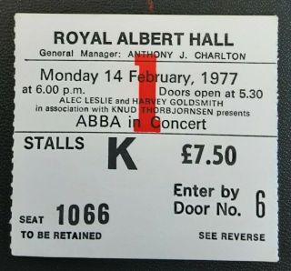 Rare Abba Concert Ticket From London Royal Albert Hall Monday 14 February 1977