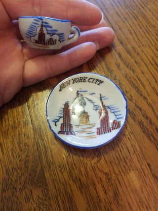 Old Vintage Miniature York City Tea Cup And Saucer Plate Hand Painted Rare