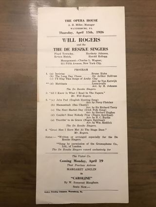 Will Rogers Vaudeville Program/flyer/poster April 15,  1926 Stage Show,  Rare