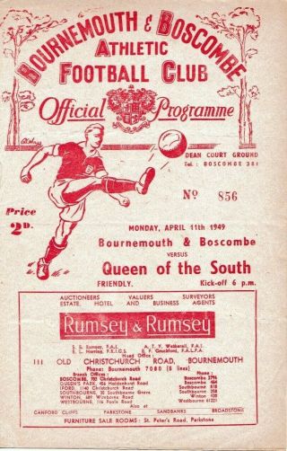 Ultra - Rare Friendly Football Programme Bournemouth V Queen Of The South 1949