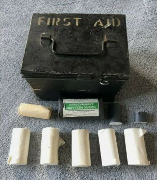 Rare Vintage Black Metal First Aid Emt Medical Medic Box With Supplies
