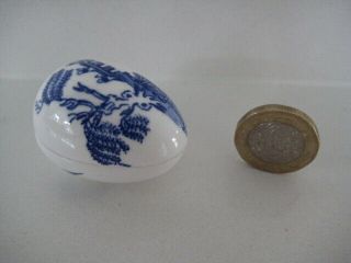 Rare Coalport Blue Willow Bone China Miniature Tiny Lidded Egg Shape Trinket Box
