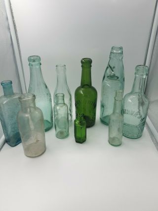 Vintage Glass Bottle Clear Green Blue Joblot Bundle 9 Bottles Rare