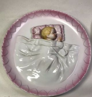 Vintage Lego Porcelain Sleeping Baby Girl Dimensional Wall Hanging Plate Rare 7”