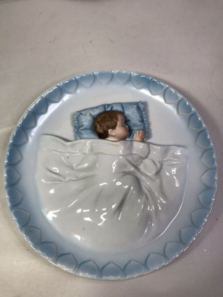 Vintage Lego Porcelain Sleeping Baby Boy Dimensional Wall Hanging Plate Rare 7”