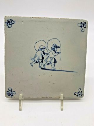 17th Century Very Rare Delft Hand Painted Delftware Tile Children Jumping Rope