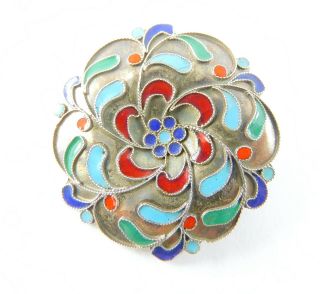 Rare Chinese 1000 Grade Pure Silver & Cloisonné Enamel Brooch Pin
