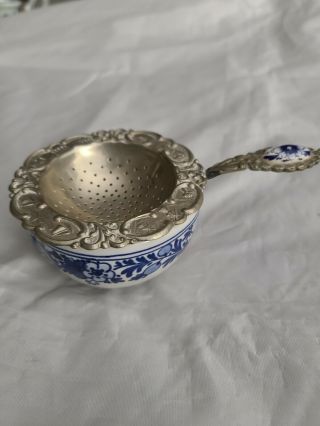 Rare Vintage Royal Delft Koninklijke Signed Blue White Tea Strainer & Cup