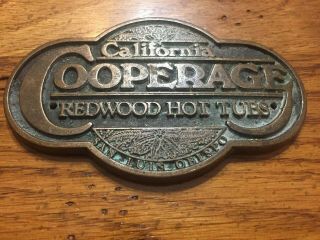 RARE VINTAGE CALIFORNIA COOPERAGE REDWOOD HOT TUB BRONZE METAL SIGN BRAND PLATE 2