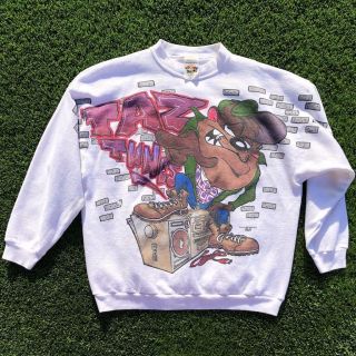Rare Vtg 90s Looney Tunes Taz Hip Hop Cartoon Graphic Crewneck Sweat Shirt Xl