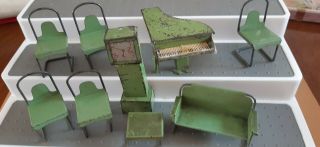 Vintage Dolls House Holdfast Furniture Piano Sofa Clock Table Chairs Stool Rare