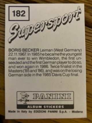 Rare ROOKIE Panini sticker of tennis star Boris Becker from Supersport 87 2