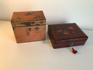Rare Tin Tea Caddy With Lock And Key,  Lacquered Box With Key 2 For 1