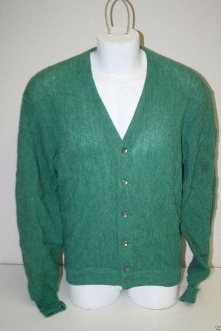 Vintage Sweater Cardigan Green Alpaca Wool Mid Century Hipster V - Neck M Rare