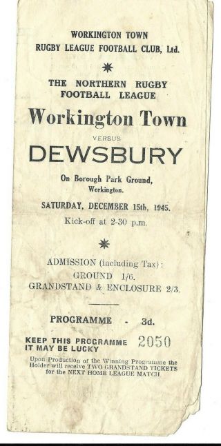 Workington V Dewsbury Rugby League Rare 1st Season 1945