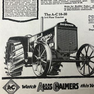 1921 - Rare - Allis Chalmers - Tractor Farm Agriculture Electric Barn Ad