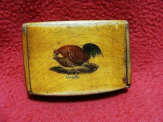 Rare Antique 19th Century Wooden Snuff Box " Gratis " W/ Rooster Screwing A Hen