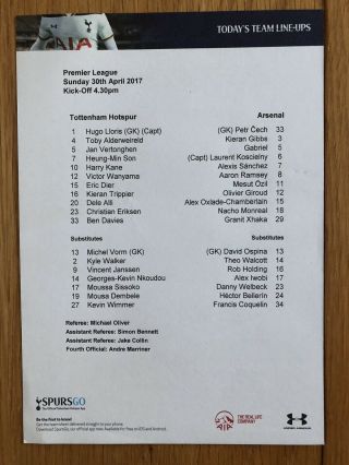 Tottenham Hotspur V Arsenal 30/04/17 Extremely Rare Team Sheet From Last Nld@whl