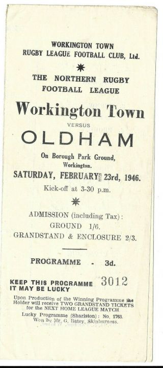 Workington V Oldham Rugby League Rare 1st Season 1945 - 46