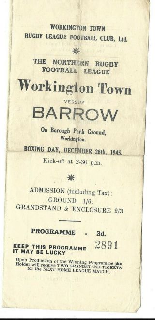 Workington V Barrow Rugby League Rare 1st Season 1945 - 46