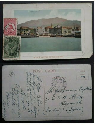 Rare 1914 Australia Post Card 1d Kangaroo,  1/2d State Stamp Hobart To Beyrouth
