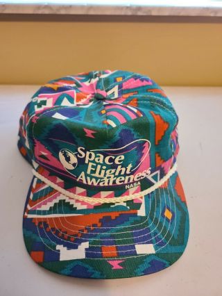 Vtg 90s Nasa Space Flight Awareness Neon Abstract Hat Cap Stennis Snapback Rare