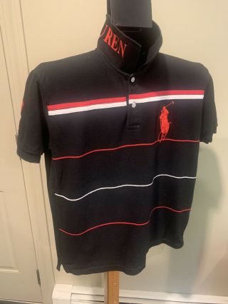 Rare Ralph Lauren Polo Shirt Black Big Pony Striped - Graphic Collar - Large