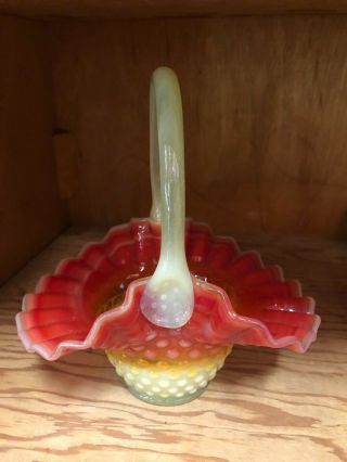 Rare Vintage Fenton Yellow/red Hobnail Glass Basket With Handle