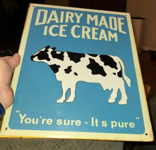 Vintage Rare Meatal Dairy Made Ice Cream,  Advertising Sign,  14 " X 12 " W/ A Cow