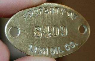 Rare Vintage Property Of Lion Oil Co.  8409 Brass Tag Sign Emblem Gas Pump