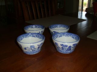Vintage And Rare Buffalo China Blue Willow Individual Rice/soup Bowls - Set Of 4