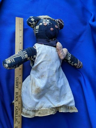 Antique Coverlet Stuffed Animal Teddy Bear Vtg Hat Heart Nightgown Rare Folk Art