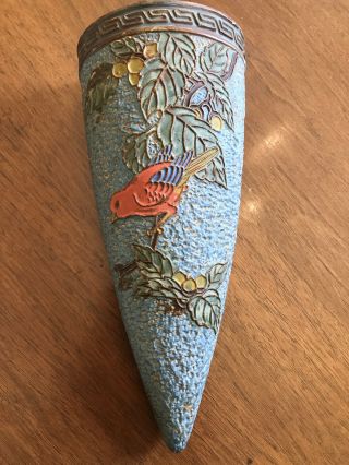 Vintage Tokanabe Rare Blue Wall Pocket Vase Bird Berries Leaves Made In Japan