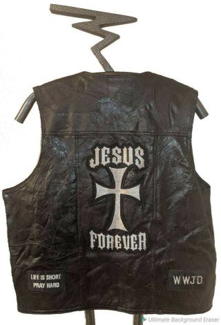 Rare Leather Jesus Cross Wwjd Mens Motorcycle Vest Sz Xl Abstract Stitch