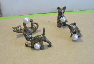 4 Small Vintage Brass Cat Figurines W/white Beads And Red Eyes Rare And Htf